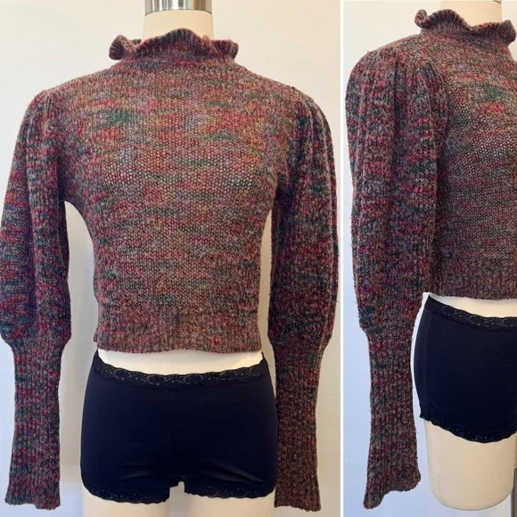 Vintage 80s Marled Knit Cropped Leg Mutton Balloon Purple Pink Sleeve Sweater 🔥 - Picture 5 of 10